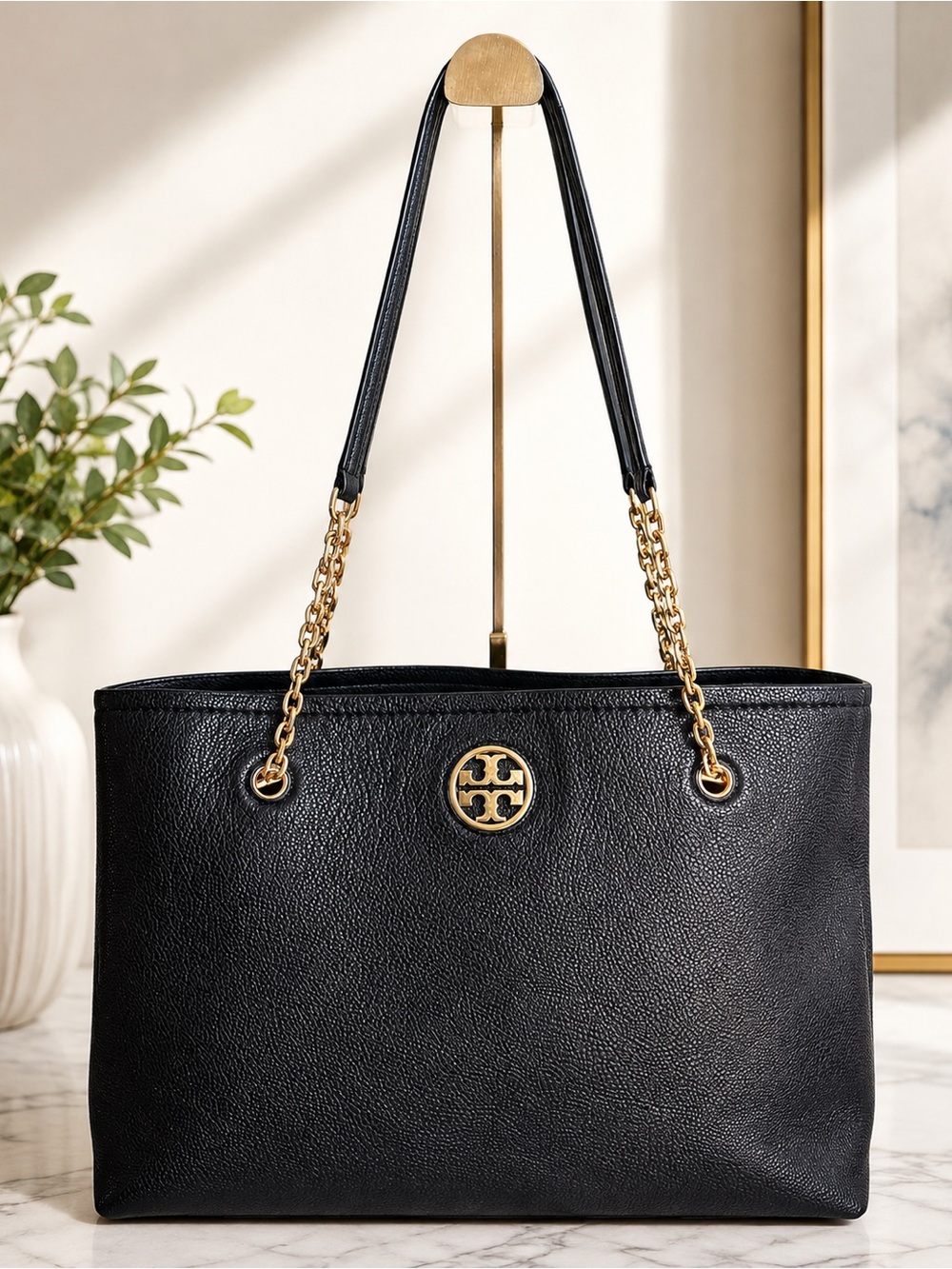 Tory Burch Robinson Black Pebbled Leather Work Laptop Chain Tote